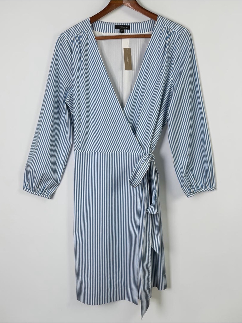 NWT J.Crew Blue White Striped Cotton Poplin Wrap Dress Size 12 K0691 - Picture 4 of 13